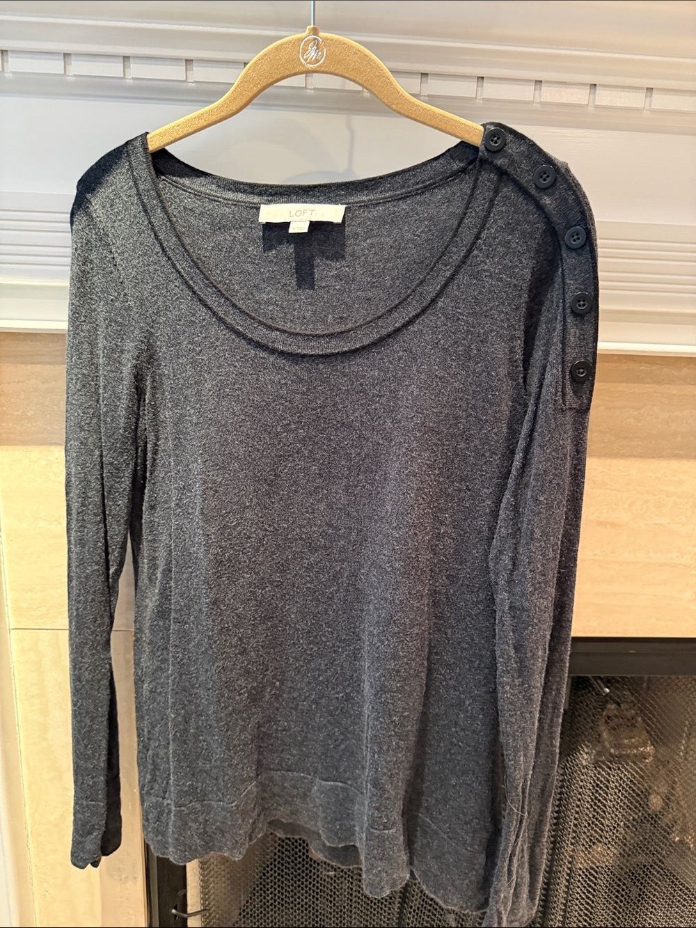 LOFT Charcoal Gray Button-Shoulder Long Sleeve Tee